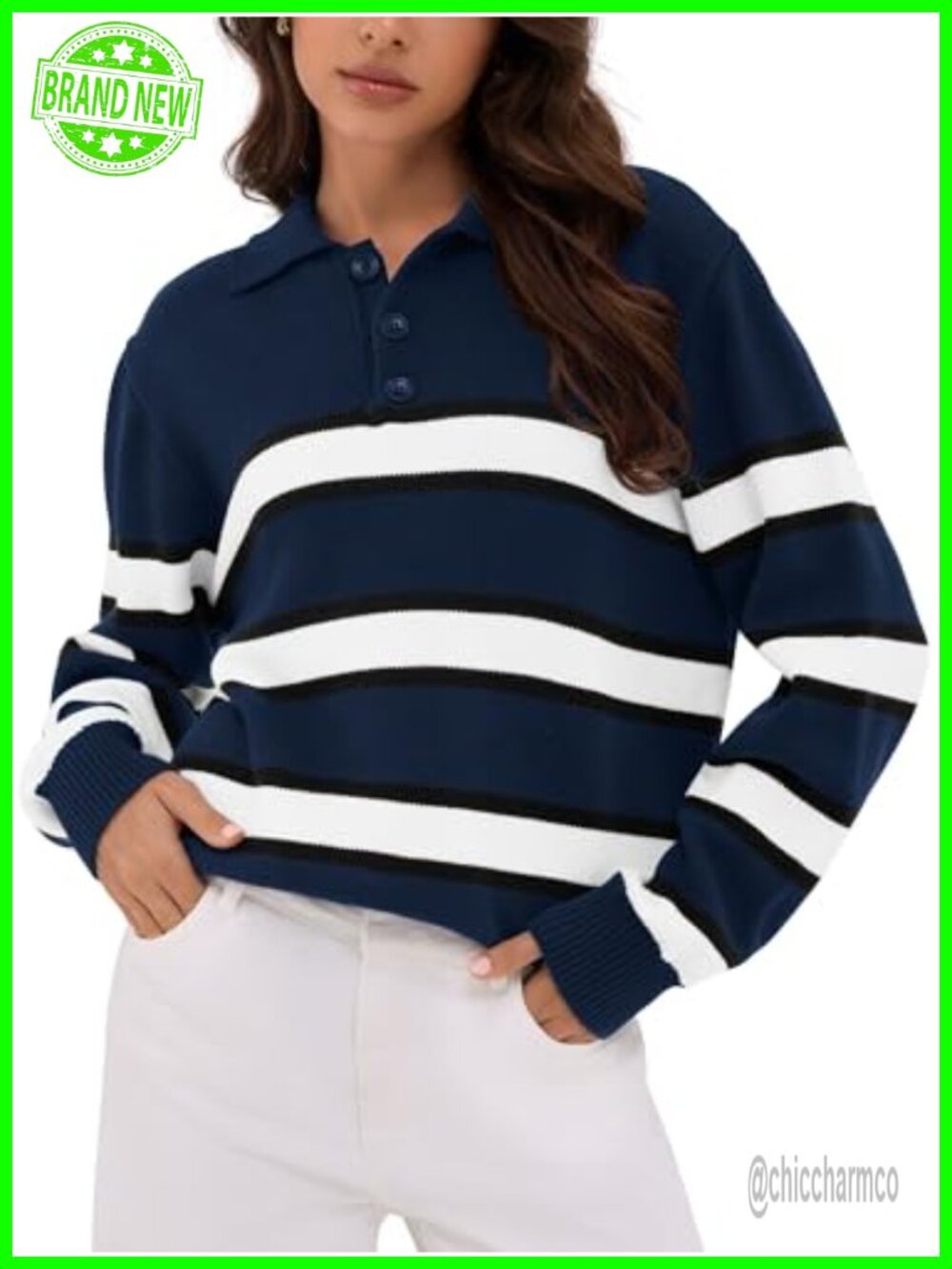 Cotton Striped Pullover Sweater Women's Casual Button Polo Fall Winter Knit